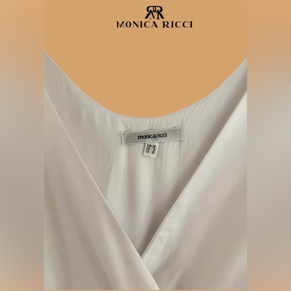 🛍️SALE🛍️ Monica Ricci White V-Neck Sleeveless Midi Dress with Tan Waist Sash - Picture 7 of 8